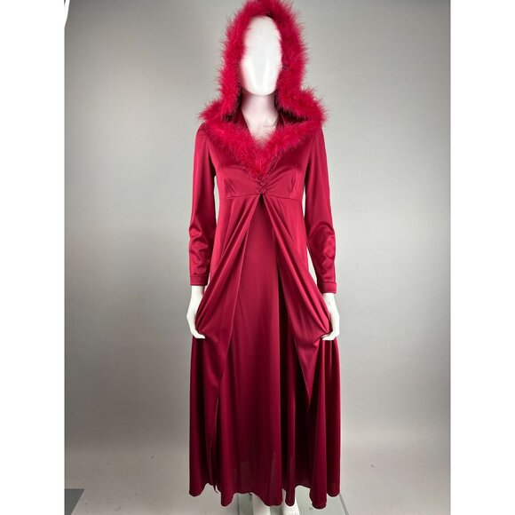 Vtg 70s Maroon Marabou Trim Hooded Robe w/ Maxi Disco Dress Set Size S/M - Picture 6 of 8